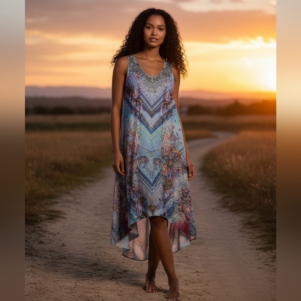 One World Multicolor Maxi Dress High Low Butterfly Lace Sleeveless Summer
